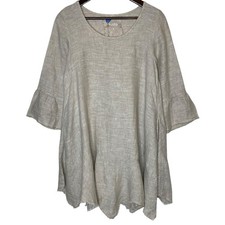 Yuvita Linen Tunic Mini Dress 3/4 Bell Sleeve Beige size Small