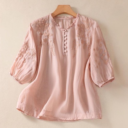 Mujeres Manga 3/4 Cuello en V Floral Prendas para el torso Algodón Sólido Bordado Camisa Informal Blusa - Imagen 14 de 14