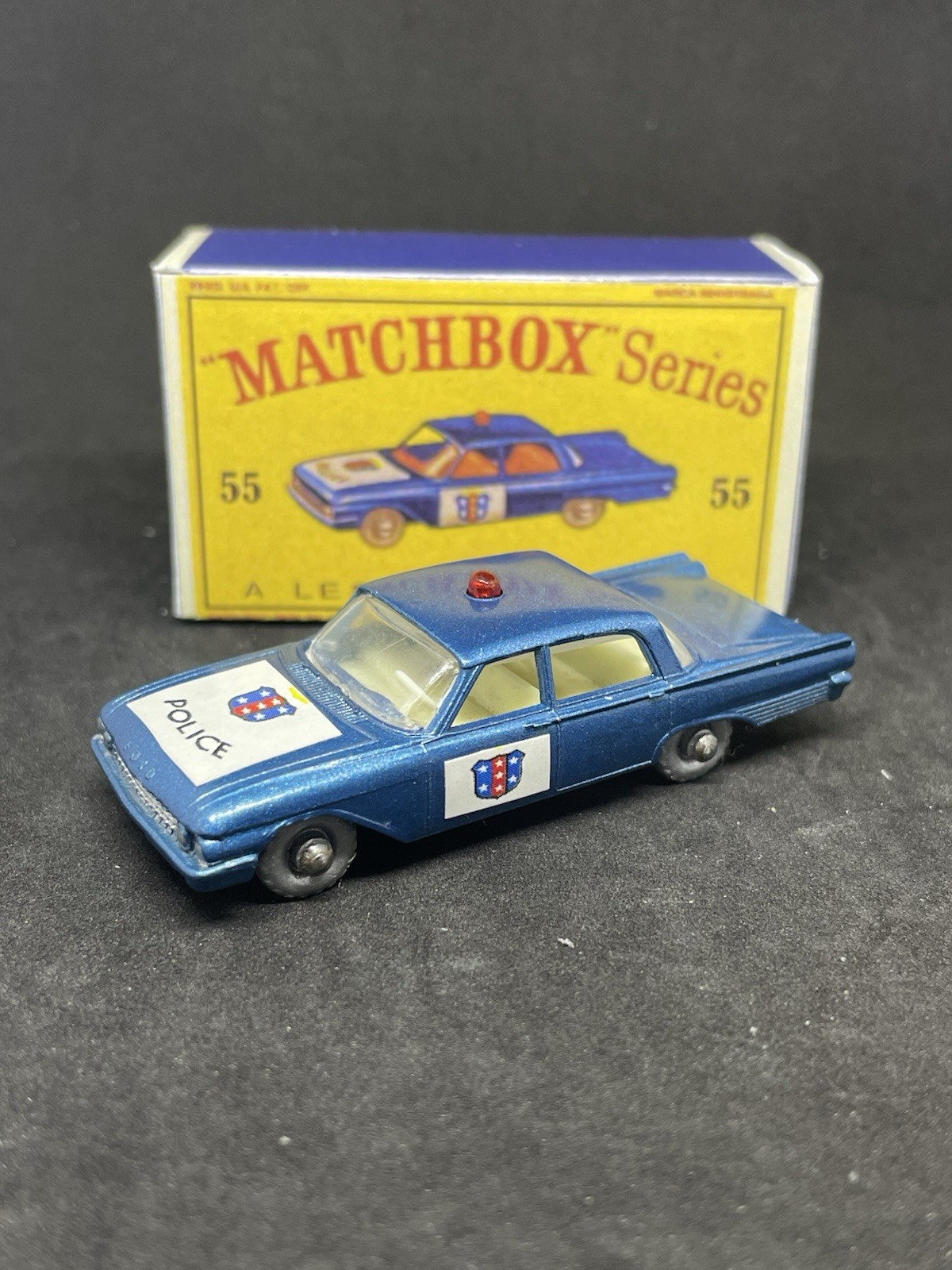 Matchbox Lesney #55 Custom Ford Fairlane Police Car Silver Wheels Nice Repro Box