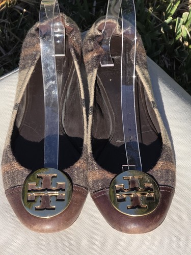 TORY BURCH Reva Ballerinas braun kariert goldfarbenes Logo elastischer Rücken 7,5 M - Bild 2 von 8