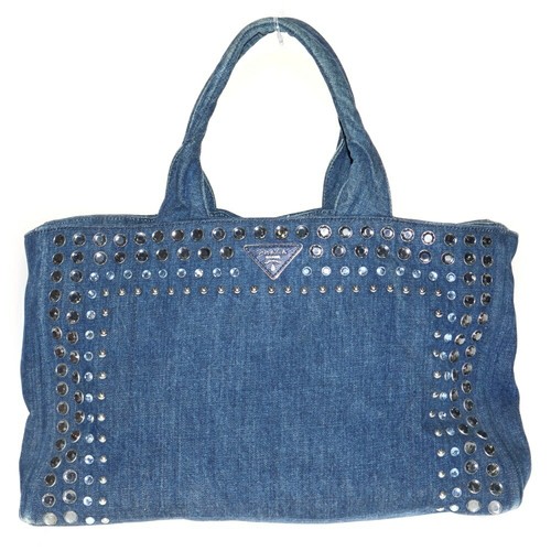 Bolso de Mano PRADA Canapa Cuentas Lona y Denim en Azul Índigo Grande Auténtico Bueno - Imagen 1 de 6