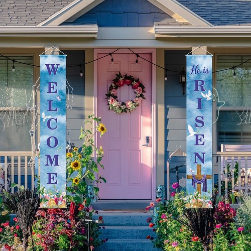 3 Pieces Happy Easter Day Decorations He is Risen Porch Banners and Easter Do... - Picture 4 of 7