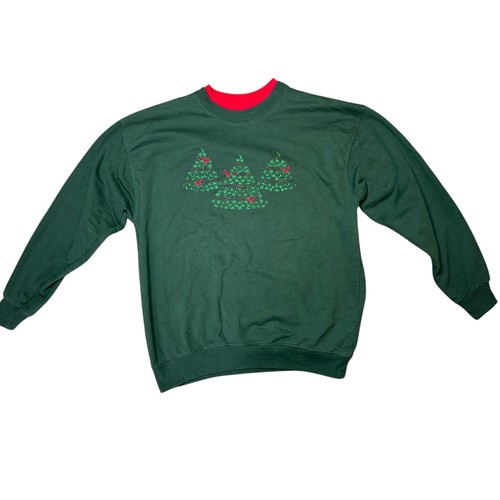 Green Crew Neck Sweatshirt Christmas Trees Cardinals Embroidery Women's M - Picture 1 of 3