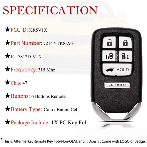 Key Fob Remote Replacement Fits for Honda Odyssey 2014 2015 2016 2017 KR5V1X ... - Picture 2 of 7