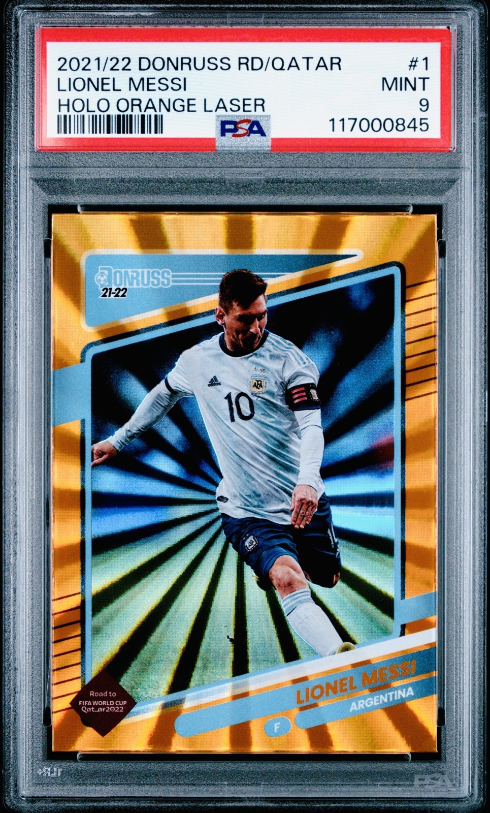 2021-22 Donruss Road To World Cup Qatar Lionel Messi Holo Orange Laser PSA 9