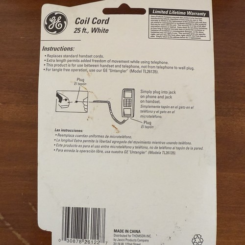 GE Phone Coil Cord 25 Ft White for Handset Telephones TL26122 Replacement - Zdjęcie 2 z 5