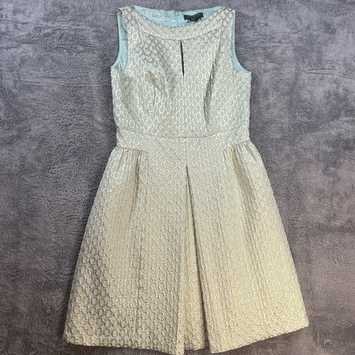 Lauren Ralph Lauren elfenbein gold metallic Schleifen ärmellos ausgestellt Plissee Kleid Gr. 10