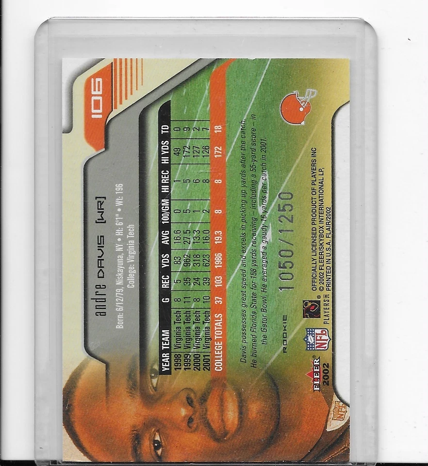 Andre Davis 2002 Flair Football Rookie #106 #1050/1250  Browns - Image 2 of 2