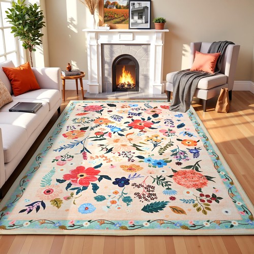 Floral Großflächen Teppich, 5x7 Mehrfarbig, Rustikal, Getuftet, Faux Kaschmir, Niedrig Pil...
