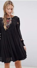 Free People Womens Small Mohave Boho Embroidered Smock Flare Mini Dress Black