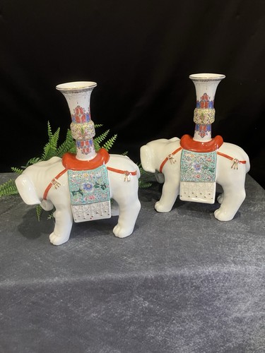 2 pcs Early 20th Century Chinese Export Famille. Elephant Candle Holders. 10x8 - Picture 10 of 15