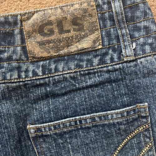 GLS Jeans Y2K Size Medium Mini Skirt Denim Rhinestone Trim Double Button Waist  - Picture 11 of 16