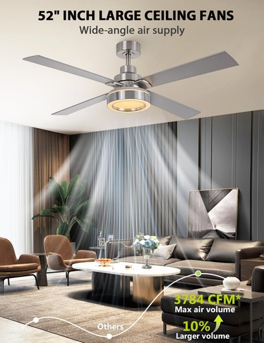 Ceiling Fans with Lights, 52 Inch Modern Nickel Ceiling Fan with Light and Re... - Picture 2 of 9