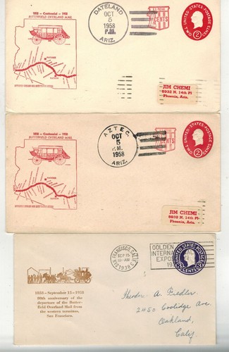1938 / 1958 BUTTERFIELD OVERLAND MAIL SET OF 3 CACHETS/CANCELS ARIZONA & CA