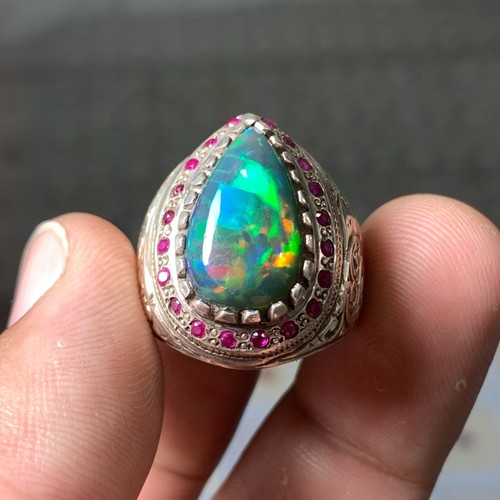 Natural Ethiopian Black Opal Stone Handmade Sterling Silver ring - Picture 5 of 9