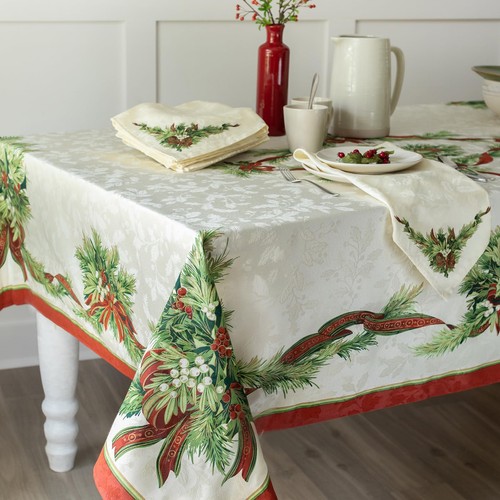 Christmas Ribbons Engineered Printed Fabric Table Cloth, Winter, Holiday and ... - Picture 4 of 9