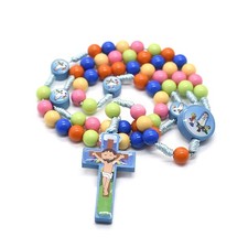 Cartoon Cross Pendant Necklace Kid Rosary Beads Catholic Religious Jewe-i-