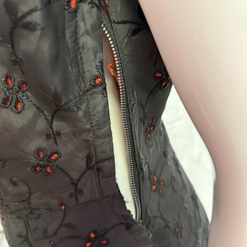 Vtg 1950s Black Cocktail Dress Orange Floral Scalloped Neckline Fit & Flare Sz L - Picture 3 of 9