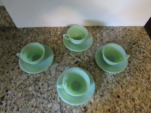 Vtg Fire King Jane Ray Ribbed Jadeite Set of 4 Teacups & Saucer USA - Picture 7 of 11