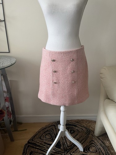 Maje Josilar Pink Tweed A Line Mini Skirt with Gold Buttons Size EU 40 NWT - Picture 10 of 14