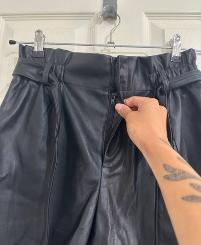 Primark Black Faux Leather Paperbag Waist Shorts UK 10 Belted High Waisted - Picture 3 of 5