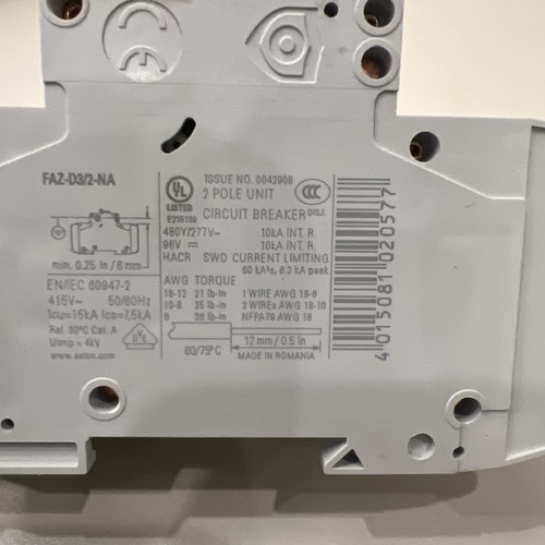 EATON FAZ-D3/2-NA MINI INTERRUTTORE 3 AMP 2 POLI DIN RAIL NUOVO NO SCATOLA x18 - Foto 5 di 5