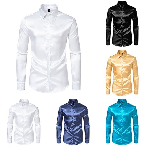Practical Shirt Casual Cocktail Fashion Satin Silk Slim Fit Button Down
