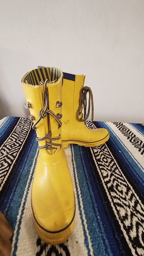 Rare Hunter UK 5 / US women's 7 midcalf laceup rain boots bright yellow Festival - Picture 3 of 15