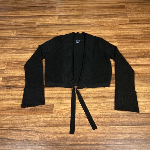 Magaschoni 100% Cashmere Open Pullover Sweater Throw Top Crop Black Long Sleeve - Picture 2 of 12