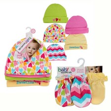 Baby Girls 5 Beanie Hats, 3 No-Scratch Mittens Set, Cotton, Ages 0-6 months New