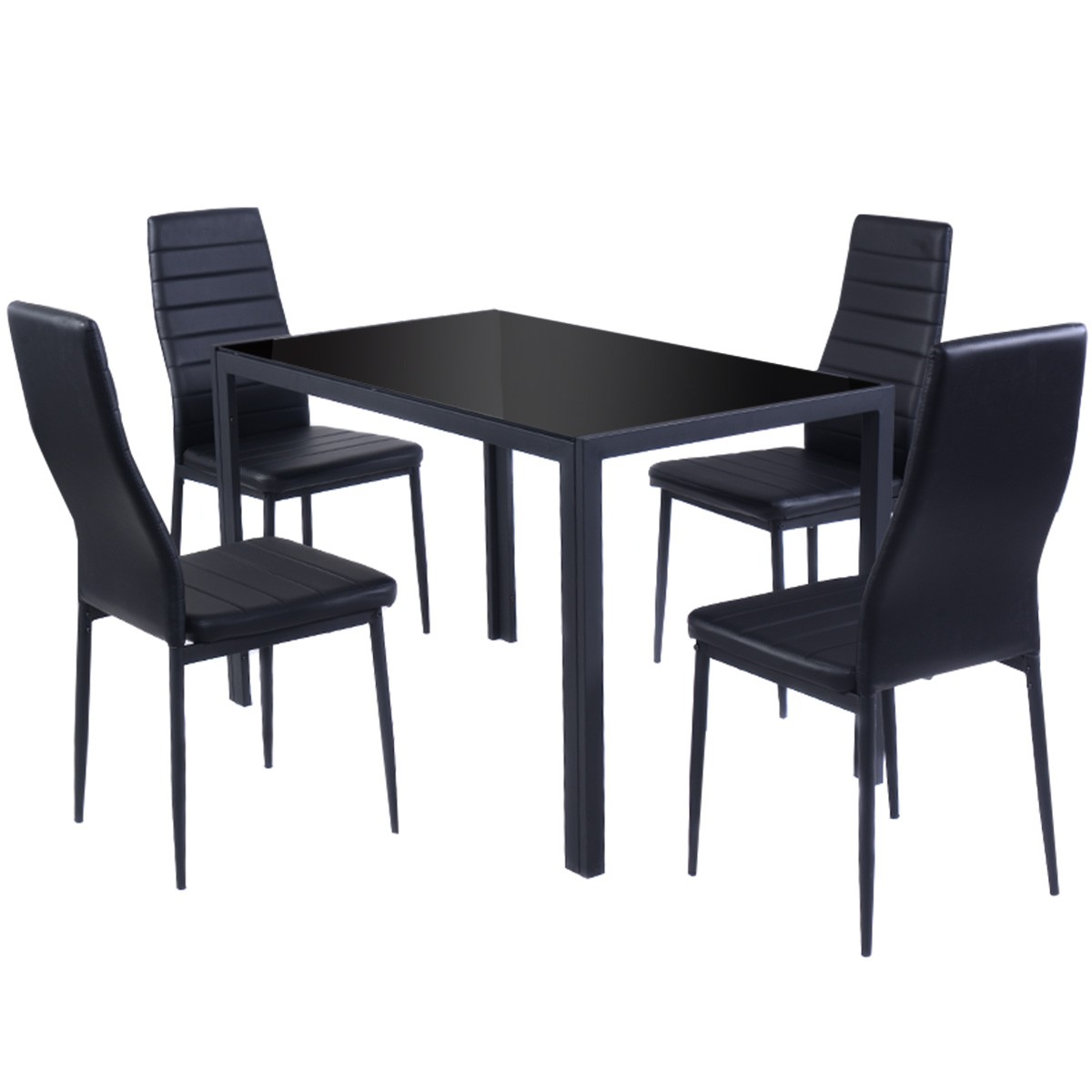 5 Pieces Kitchen Dining Set Glass Metal Table 4 Chairs Breakfast Furniture Black