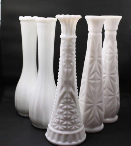 Lot of 5 Vintage Milk Glass Vases 9" Anchor Hocking Stars & Bars Hoosier Wedding