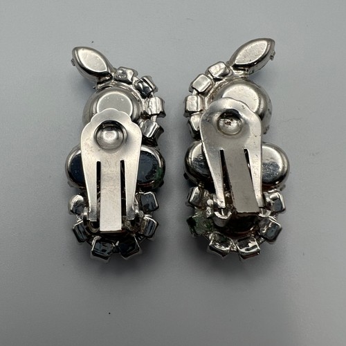 Vintage Clip On Earrings Blue Satin Glass and Rhinestone Silver Tone Dangle Drop - Picture 8 of 8