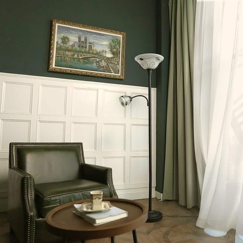 Merra 71" Torchiere Floor Lamp 2-Light Dark-Bronze Finish Frosted Glass Shades - Picture 2 of 9