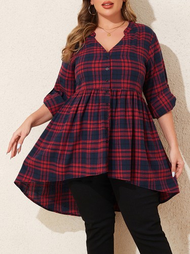 Plus Size Womens Plaid Check Oversized Tunic Tops Baggy V Neck Blouse T-Shirt - Picture 4 of 16