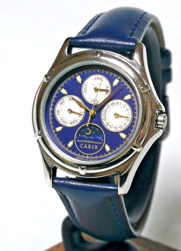 SEIKO ALBA CARIB Watch V33F-6B80 1992 Blue Navy Sun & Moon Triple Calendar Japan - Picture 2 of 8
