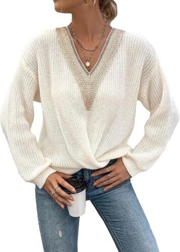 Women's Casual Long Sleeve Drop Shoulder Lace V Neck Knit Sweater S