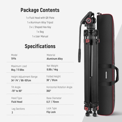 NEEWER TP74 74" Video Tripod with Adjustable Damping Fluid Head - DJI Compatible - Picture 2 of 11