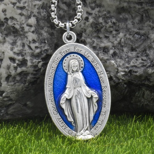 Large 1 3/4" Blue Miraculous Medal Mary Pendant Necklace Italy w 24" Box Chain - Bild 2 von 11