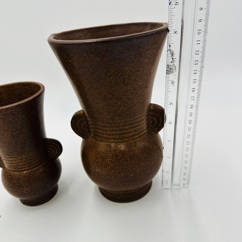 Mid Century Modern McCoy Vase Pair Art Deco Speckled Brown Vintage Brush Set 527 - Picture 3 of 8