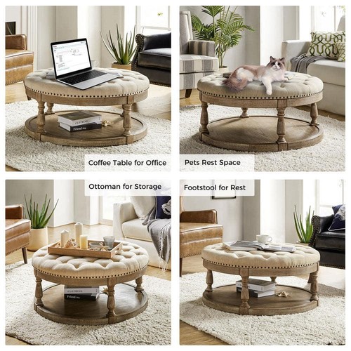Jayden Creation Ottoman Linen Polyester Button-Tufted Round Small Solid Wood Leg - Picture 3 of 9