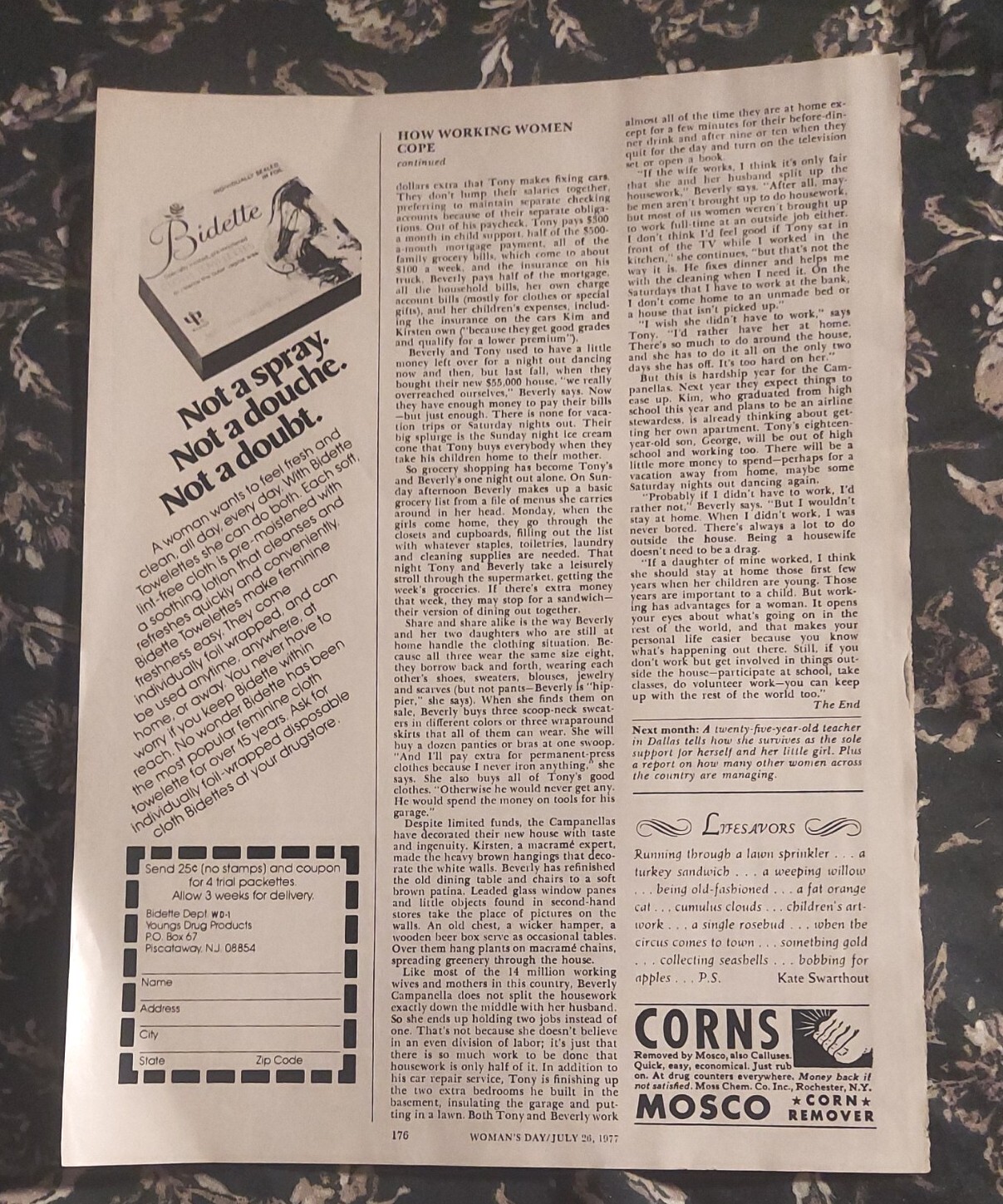 1977 print ads Bidette TowelettesNo douche, spray/Mosco Corn + Callus