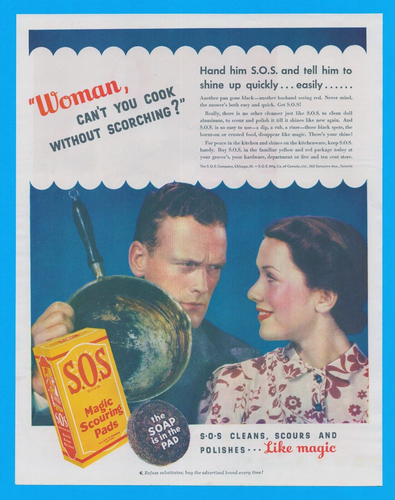Estropajos de cocina 1937 vintage IMPRESIÓN ANUNCIO limpieza ollas sartenes jabón marido malo - Imagen 1 de 3