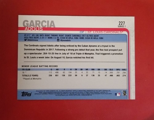 2019 Topps Adolis Garcia ROOKIE RC #227 St. Louis Cardinals FREE SHIPPING - Picture 6 of 6