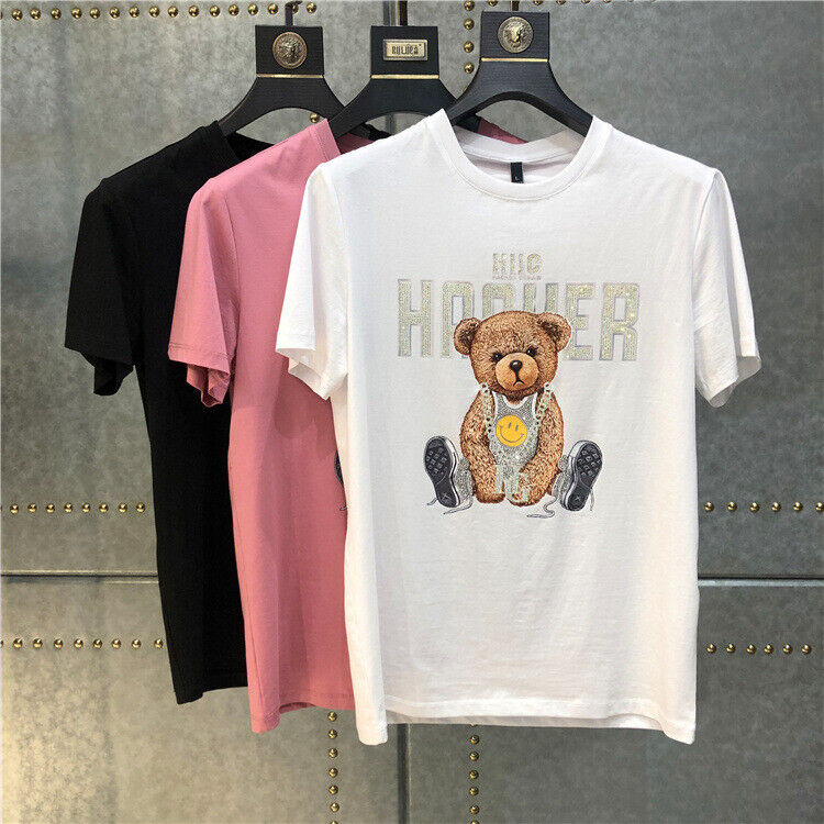 2022 Bear Rhinestones T Shirts Men Summer Streetwear Fashion