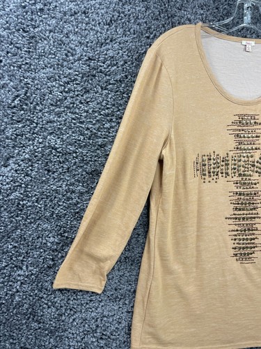 Reba Shirt Women's Large Beige Cotton Scoop Neck Christian Cross Embellished Top - Picture 7 of 15