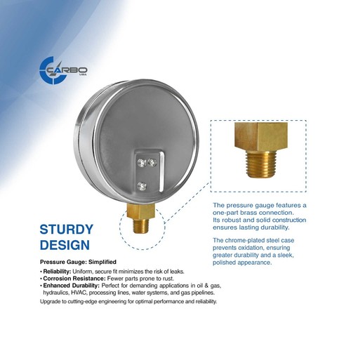 4" Pressure Gauge - Chrome Plated Steel Case, 1/4"NPT, Lower Side Mnt. 200 PSI - Picture 3 of 6