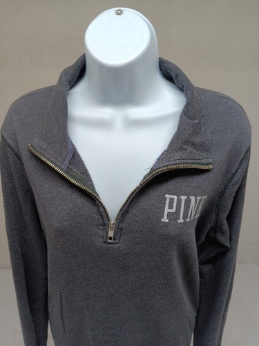 Victorias Secret PINK Sweatshirt Womens S Gray 1/4 Zip Pocket Large Back Logo - Picture 4 of 20