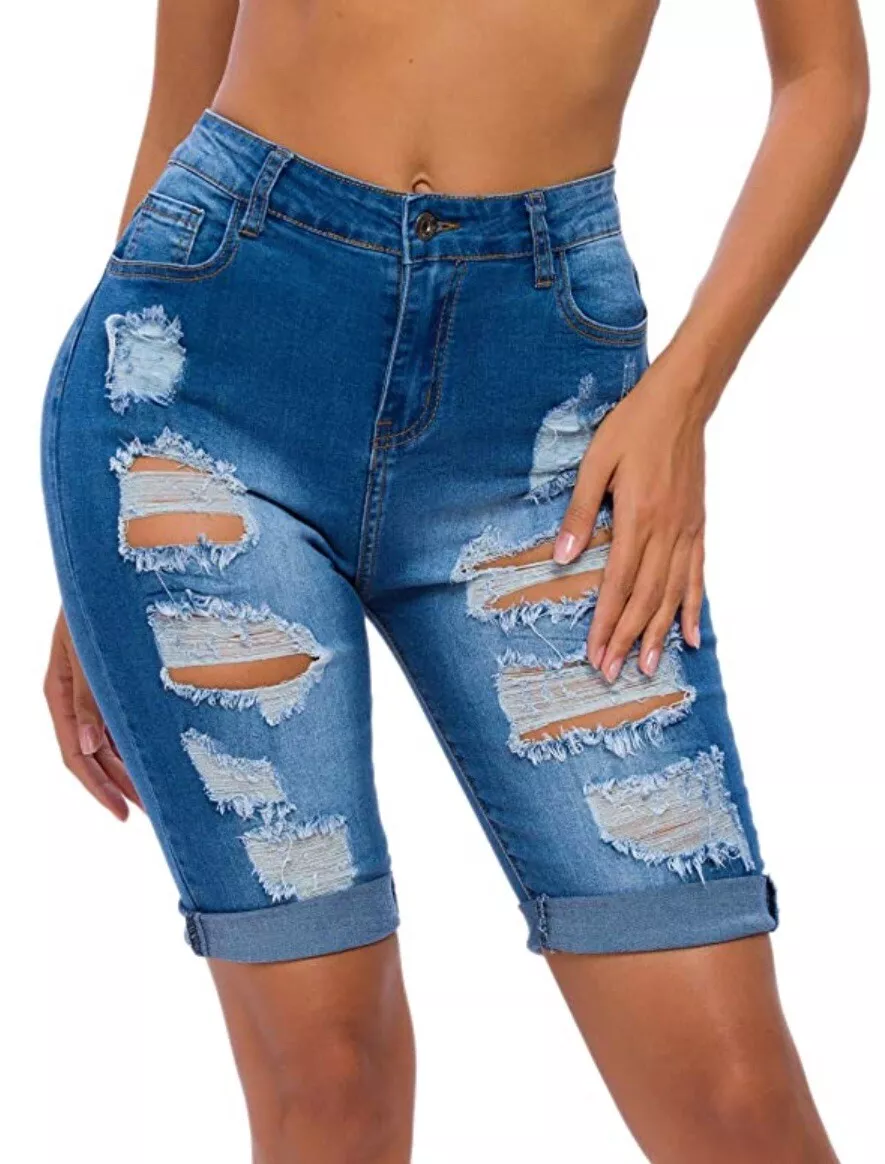 High-Waist Ripped Stretch Jean Shorts, | eBay