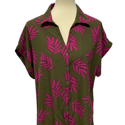 Massini women's shirt short sleeve V neck button up Brown Pink Floral Size XL - Picture 3 of 9